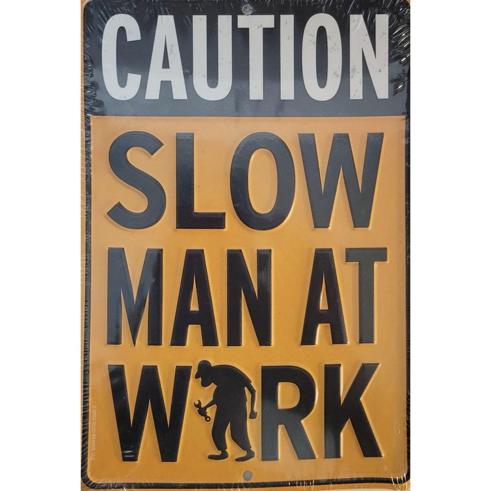 Caution Slow Man At Work 6" x 8" Black Yellow Vertical Mount Metal Wall Sign - Picture 2 of 3